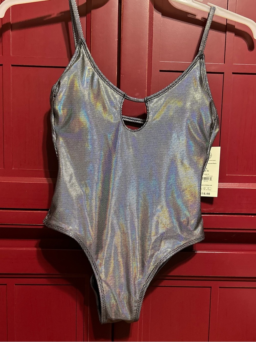 No Boundaries Silver Holographic One-Piece Swimsuit with Keyhole
